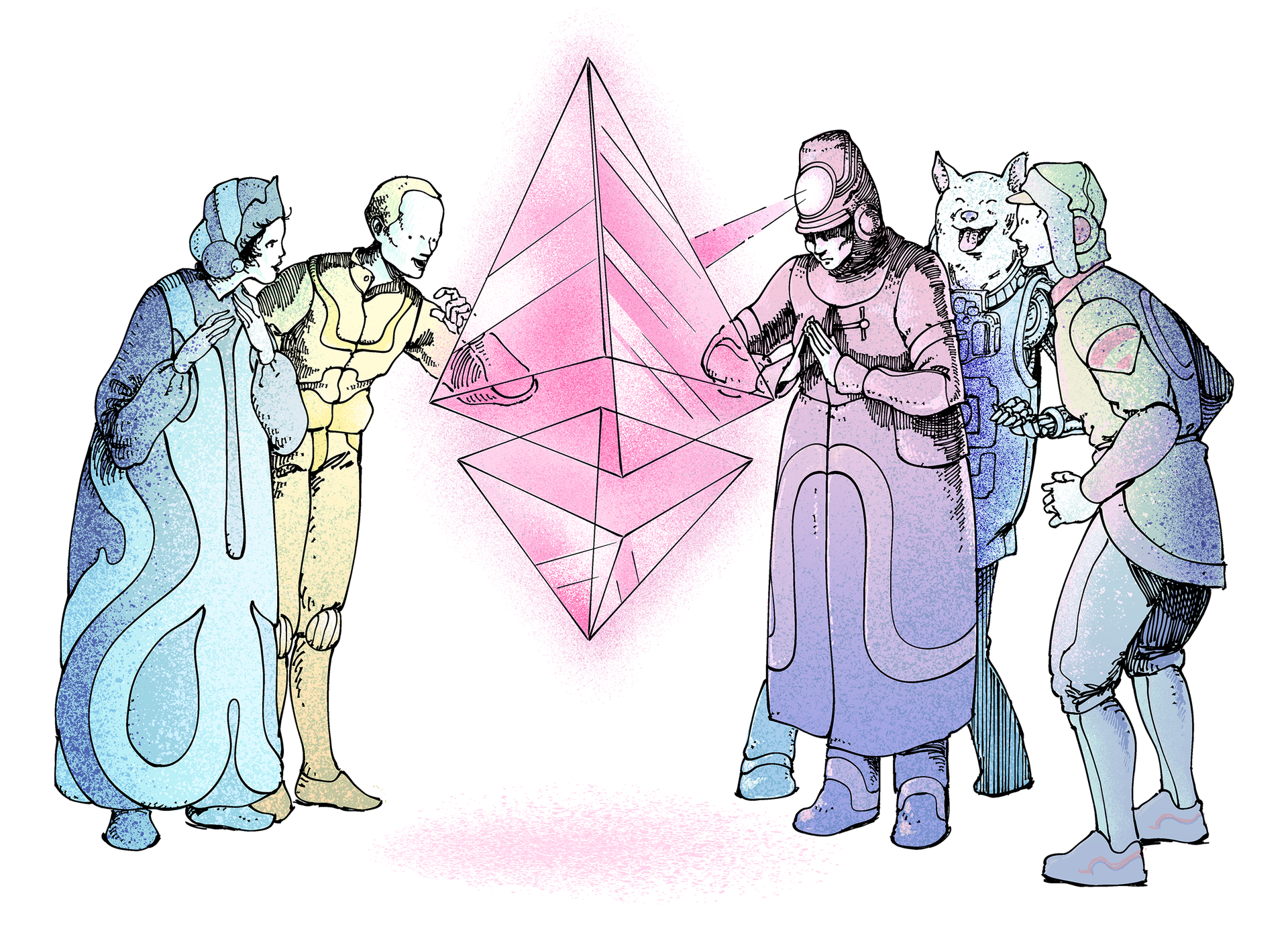 Ілюстрація групи людей, що в захваті дивляться на гліф Ether (ETH)